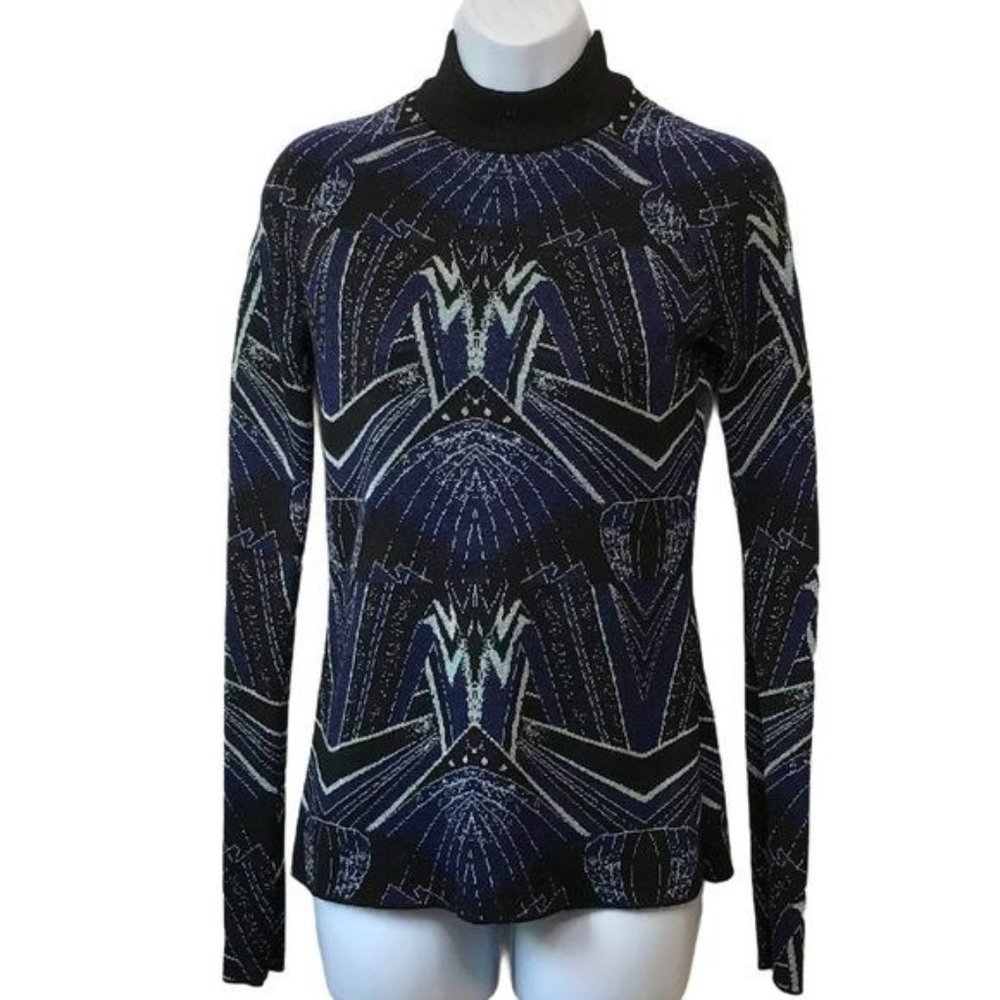 H&M Studio 2015 Long Sleeve Mock Neck Knit Sweater LS HM Metallic Art Deco Print